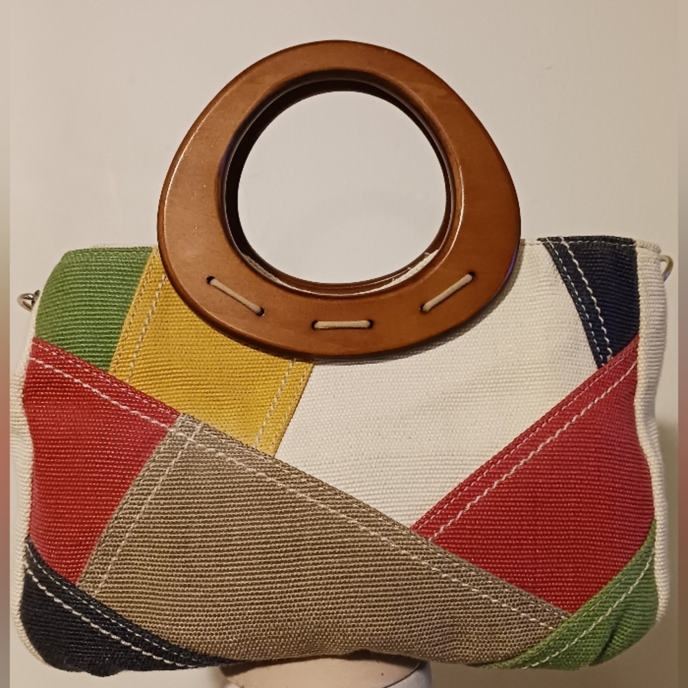 Relic By Fossil Canvas Patchwork Satchel Handbag Wood Handles Multicolor